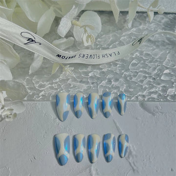 Qfdian 10Pcs Handmade Almond Blue Fake Nails Press On Glitter Full Cover False Nails Wearable Manicure Nail Finished Finger Tips Art